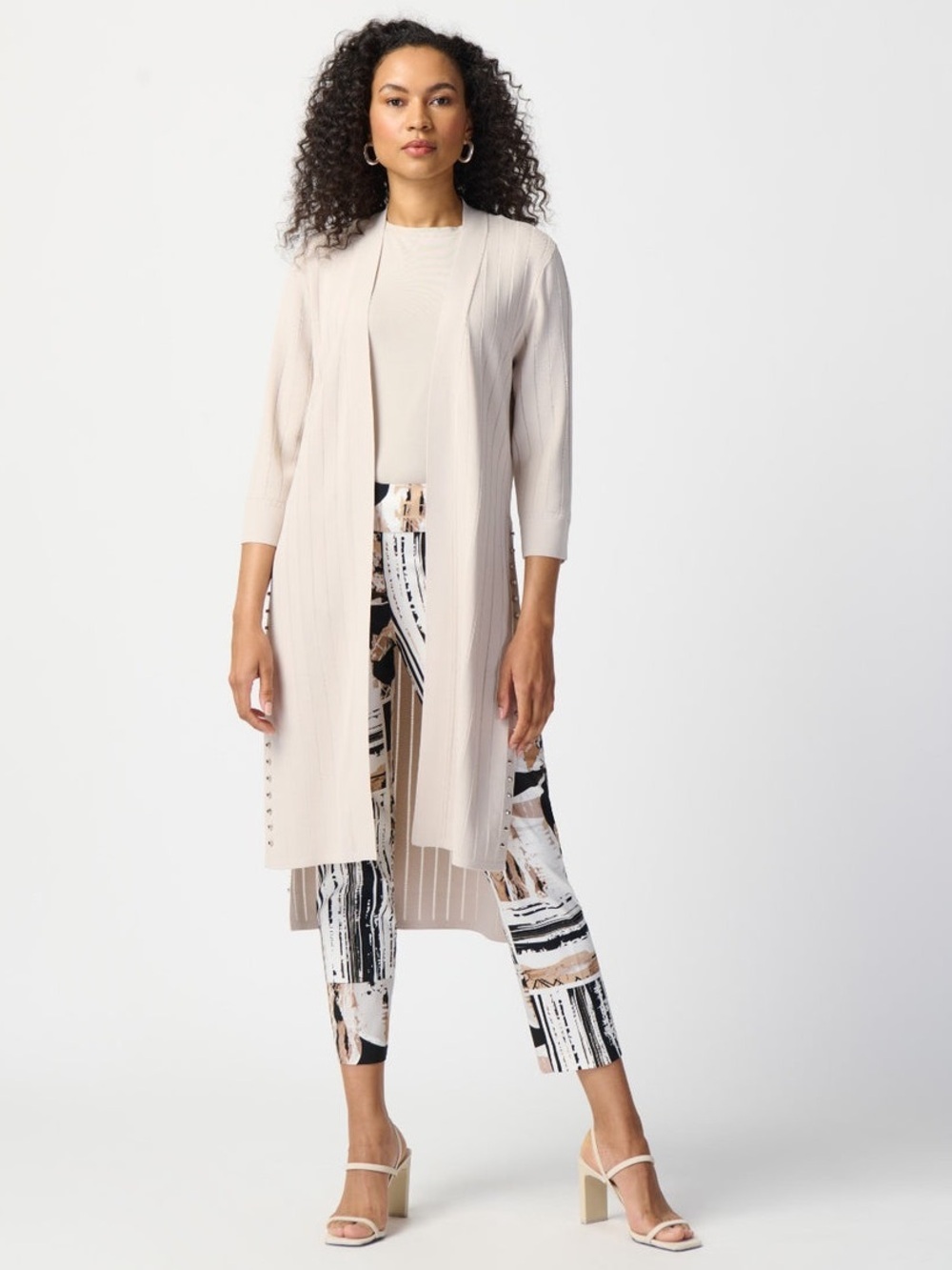Joseph Ribkoff Large Knit Open-front Relaxed Fit Pleated Duster Cardigan Neutral